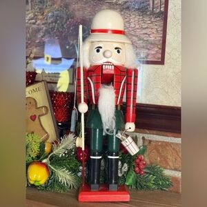 Vintage 1984 Solid Wood Hand Carved Nut Cracker going fishing Home Decor